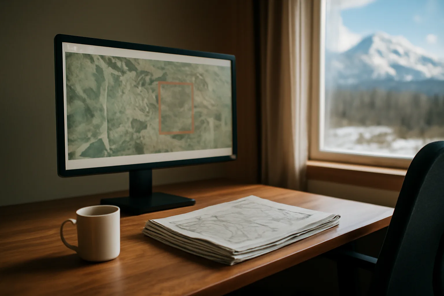 Home office desk with property record on screen, Alaska title examiner work setup