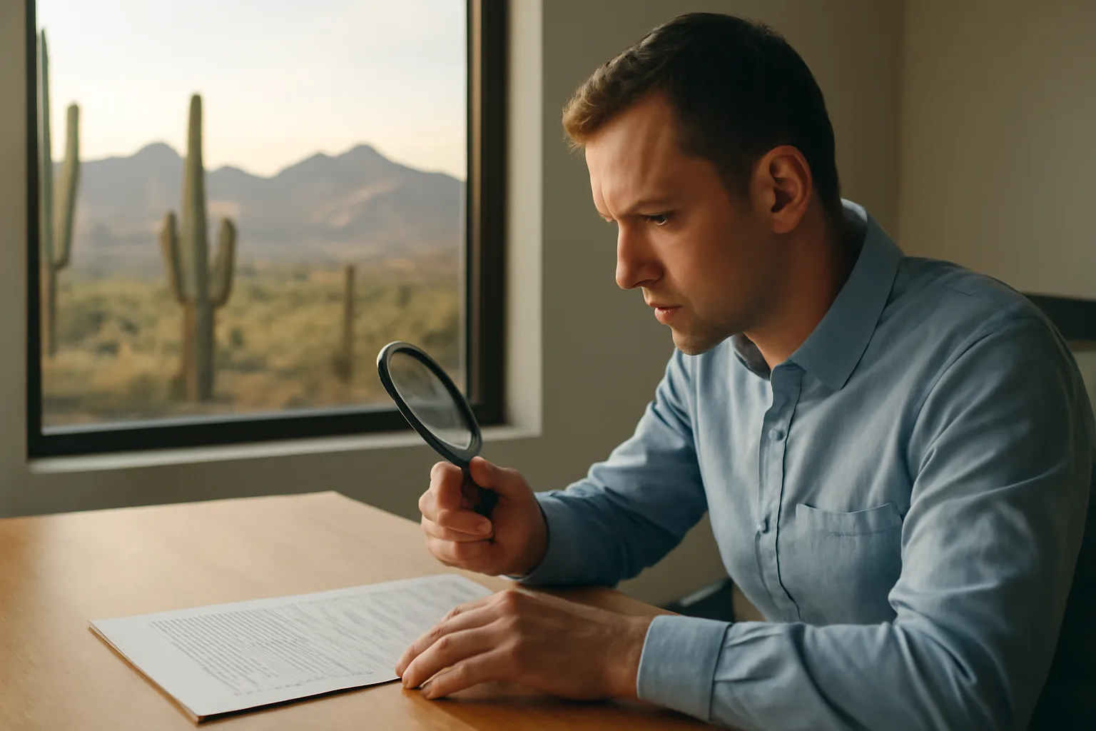 Title examiner reviewing deed with magnifying glass in Arizona office overlooking desert