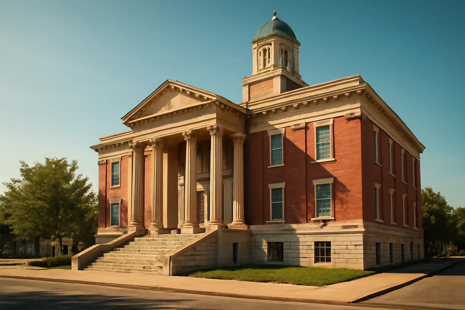 Alabama county courthouse exterior on a clear morning, no text visible