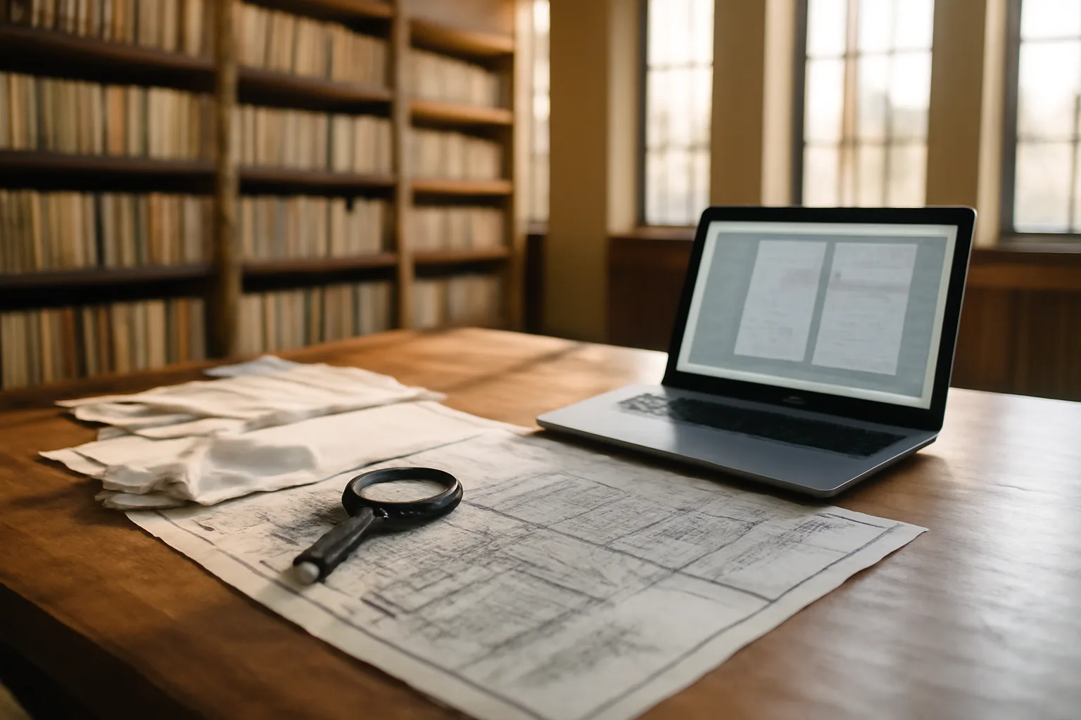 Title examiner worktable in a Phoenix records room with plat maps and laptop