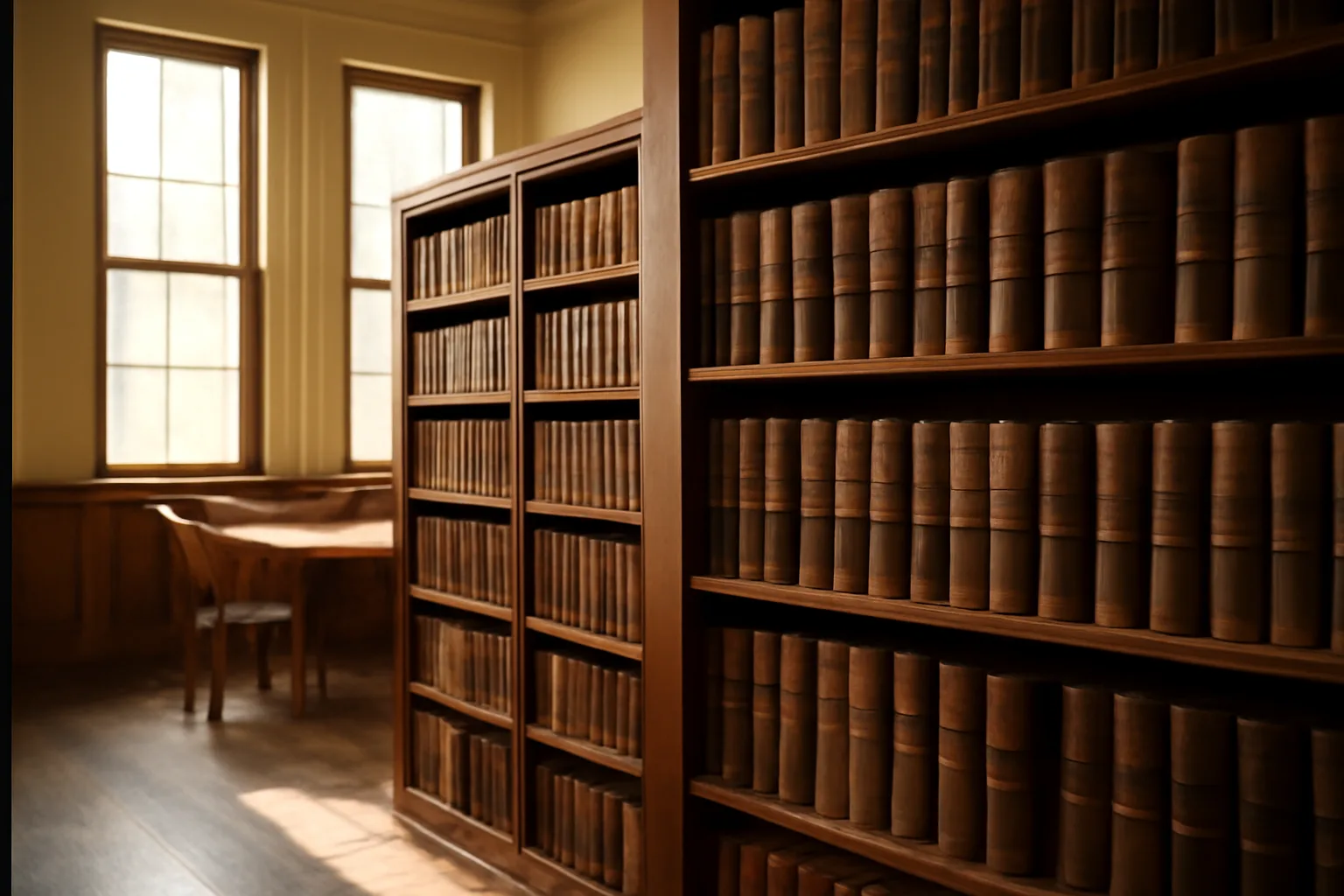 County courthouse records room with deed books on wooden shelves, soft afternoon light