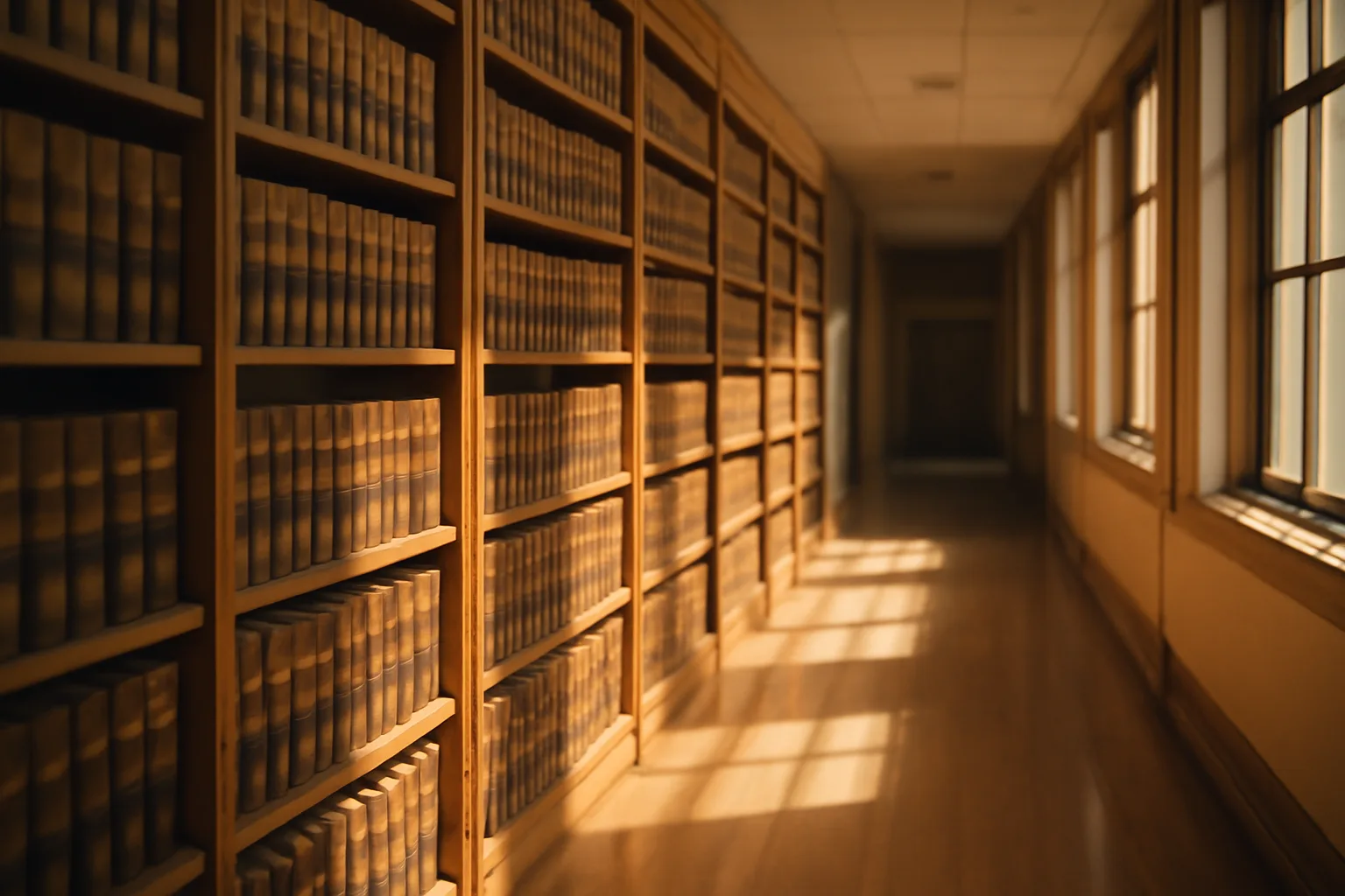 County recorder office shelves with bound deed books in California, warm natural light