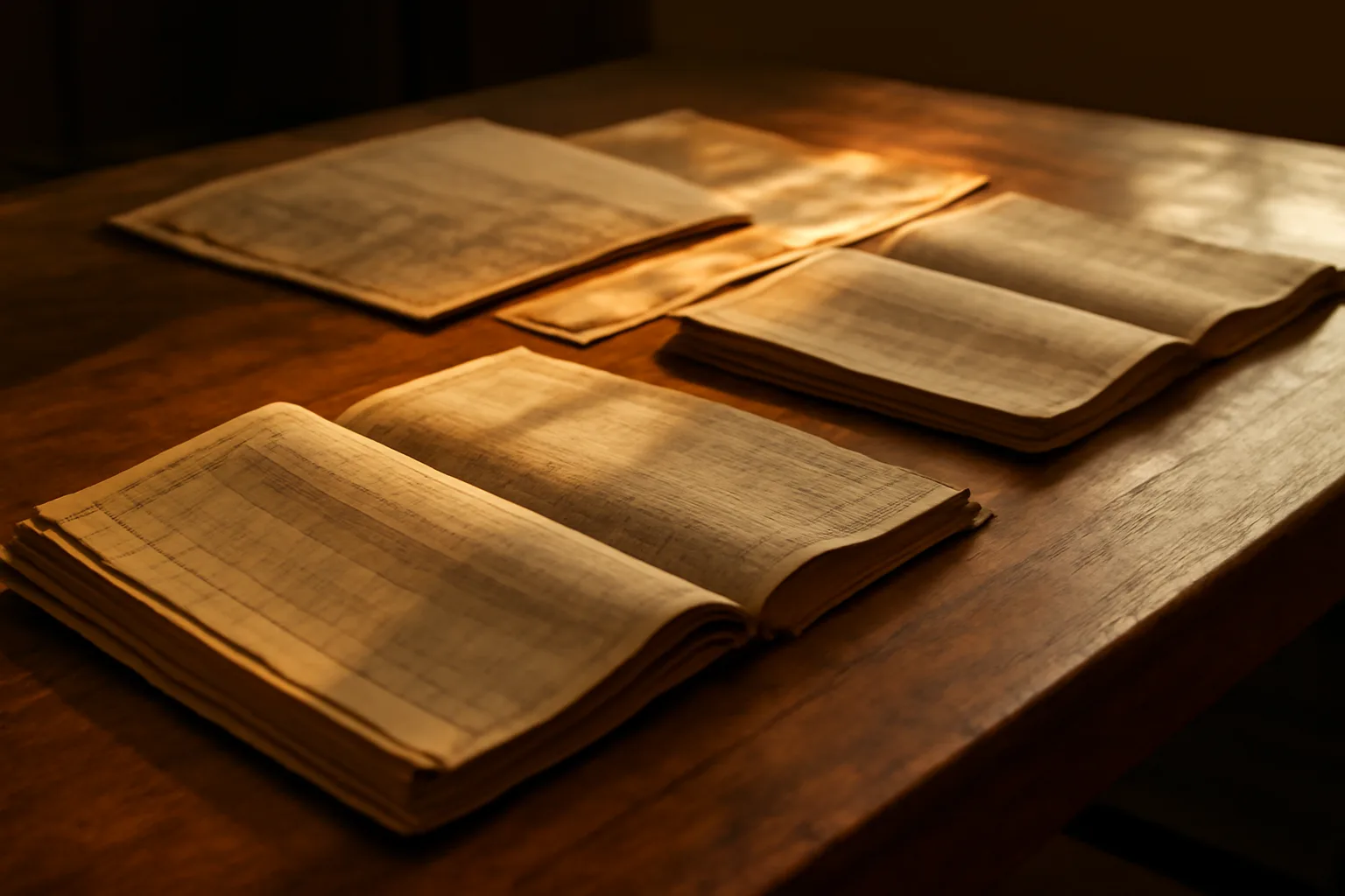 Old plat maps and ledger books open on a courthouse table in Alabama afternoon light