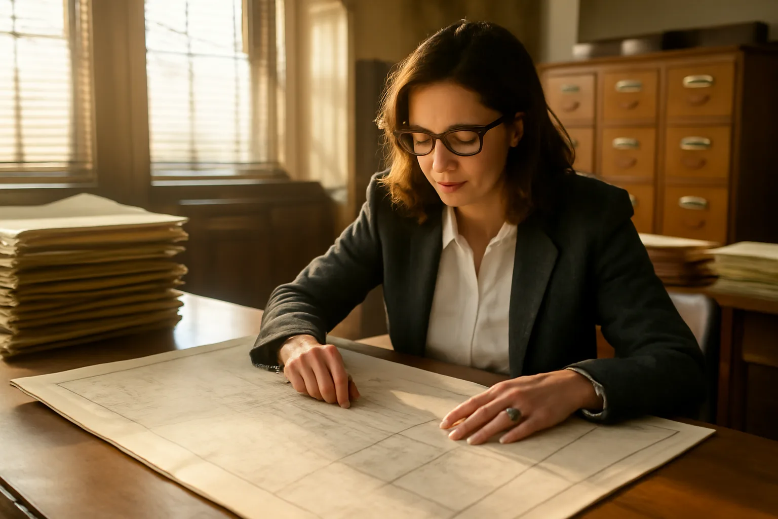Title examiner reviewing parcel maps and property records at a county records desk in California