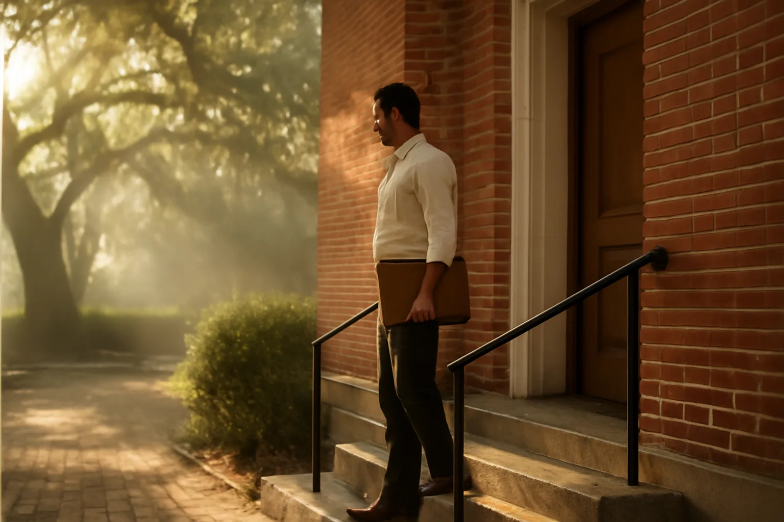 Title examiner on sunlit Florida courthouse steps with a leather portfolio
