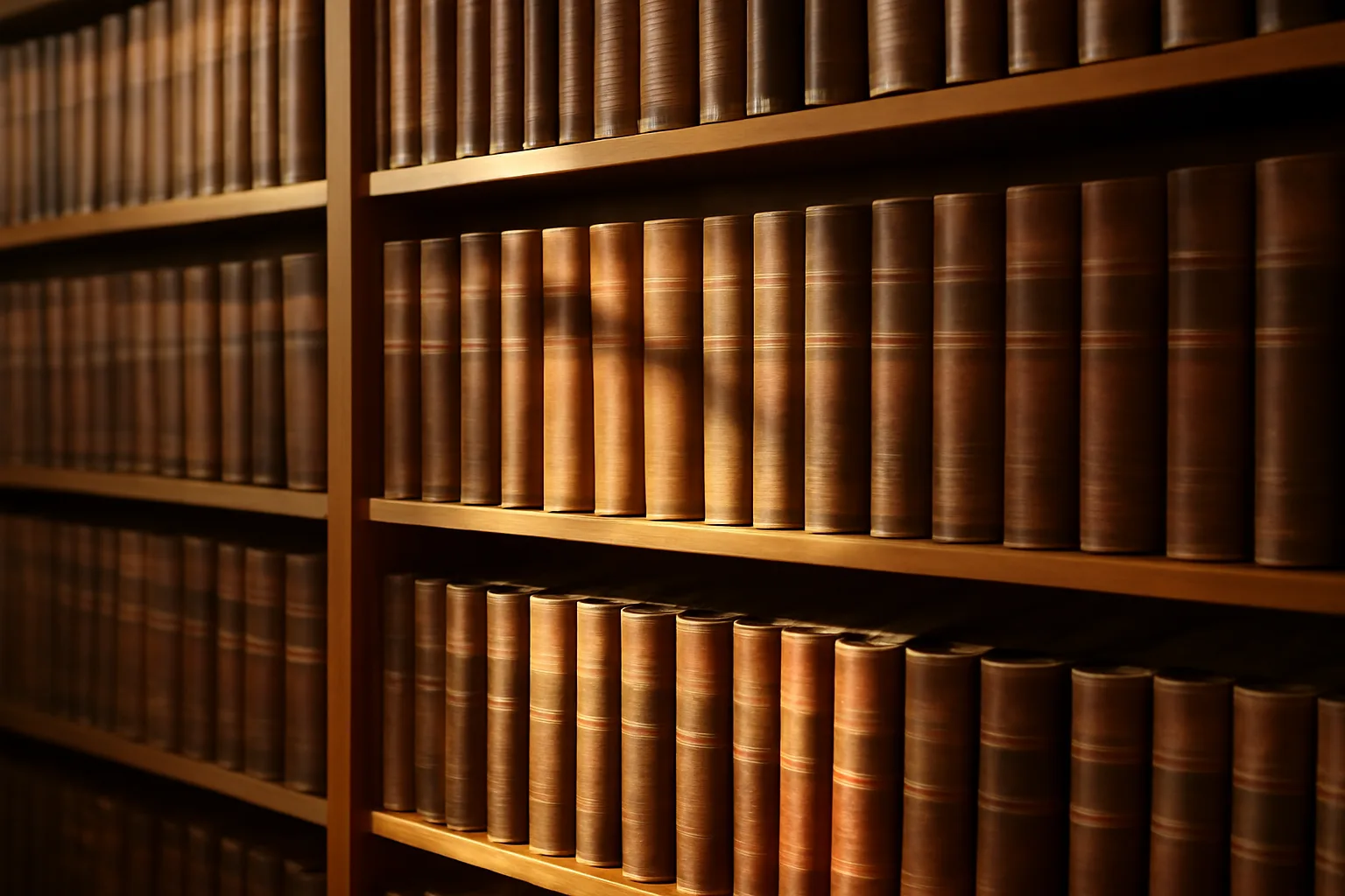 Bounded deed record books on wooden shelves in an Alabama county probate courthouse
