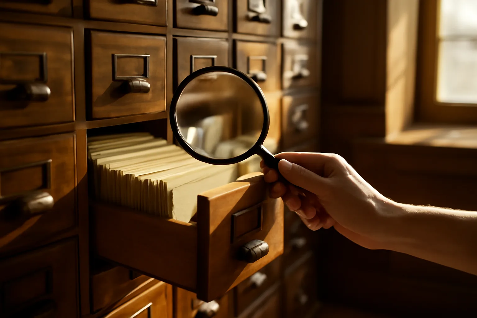 Magnifying glass over a card catalog drawer in an Alaskan recorder's office.