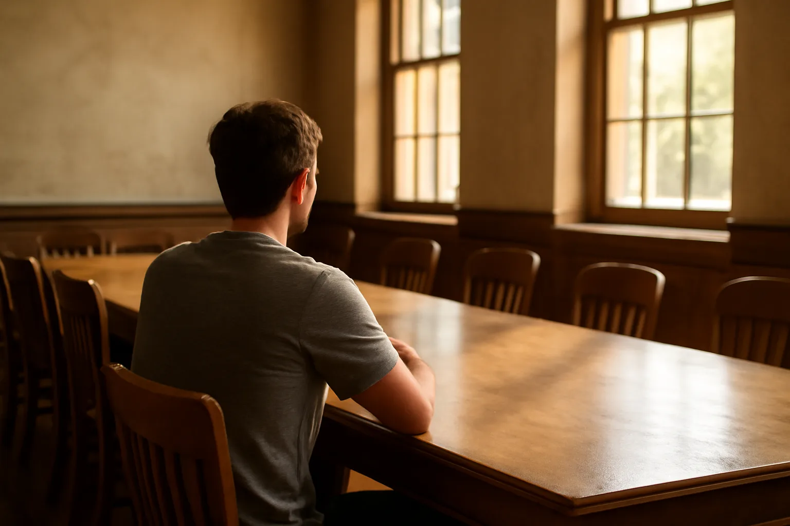 Title examiner at an oak table in an Arkansas courthouse room