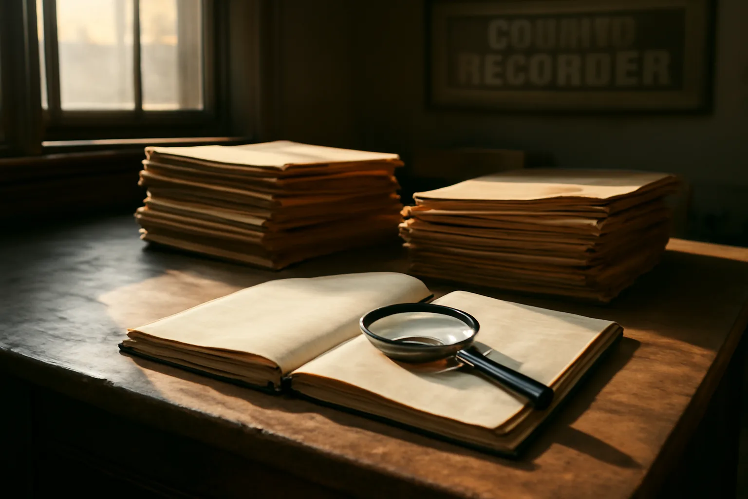 County recorder office desk with deed folders and magnifying glass in California