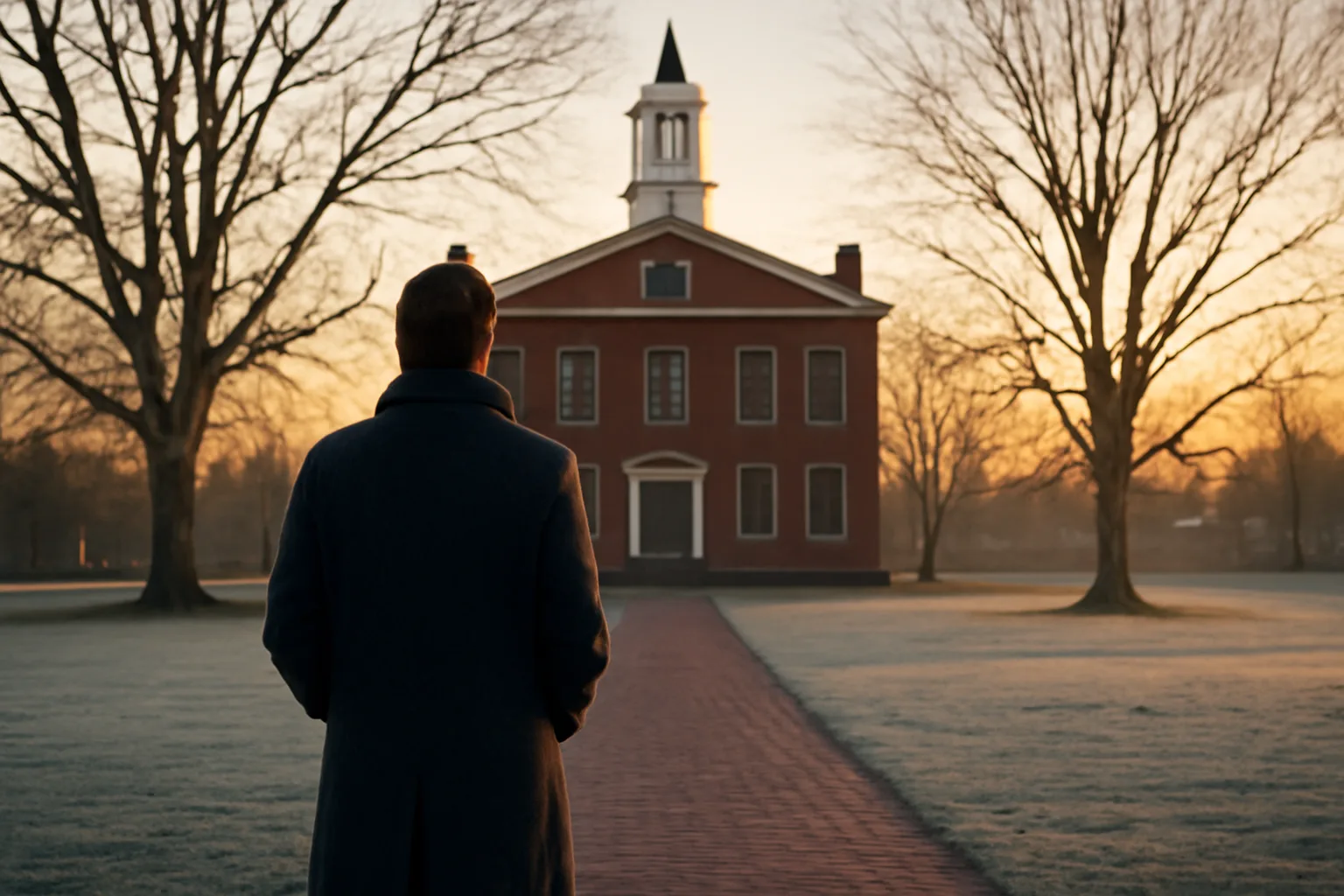 Title examiner on a Connecticut town green facing a brick hall