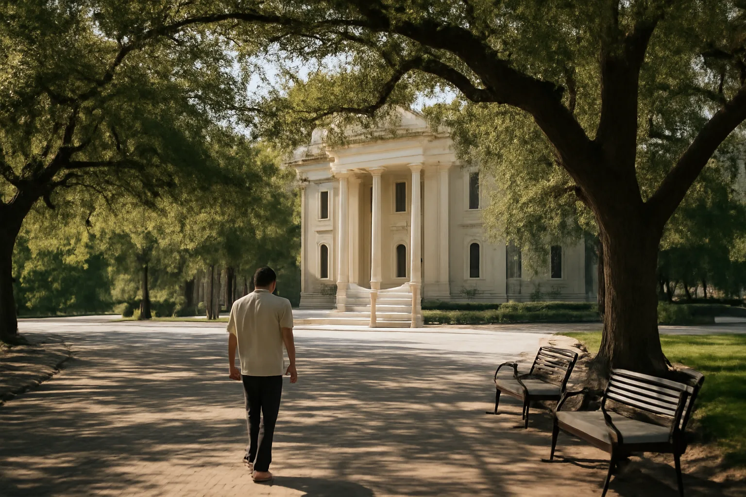 Title examiner walking toward a Tampa civic building in morning light