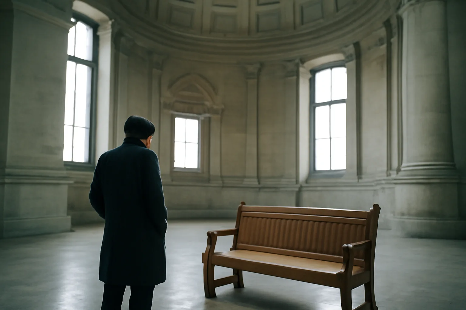 Person waiting in an Indiana courthouse rotunda before title examining