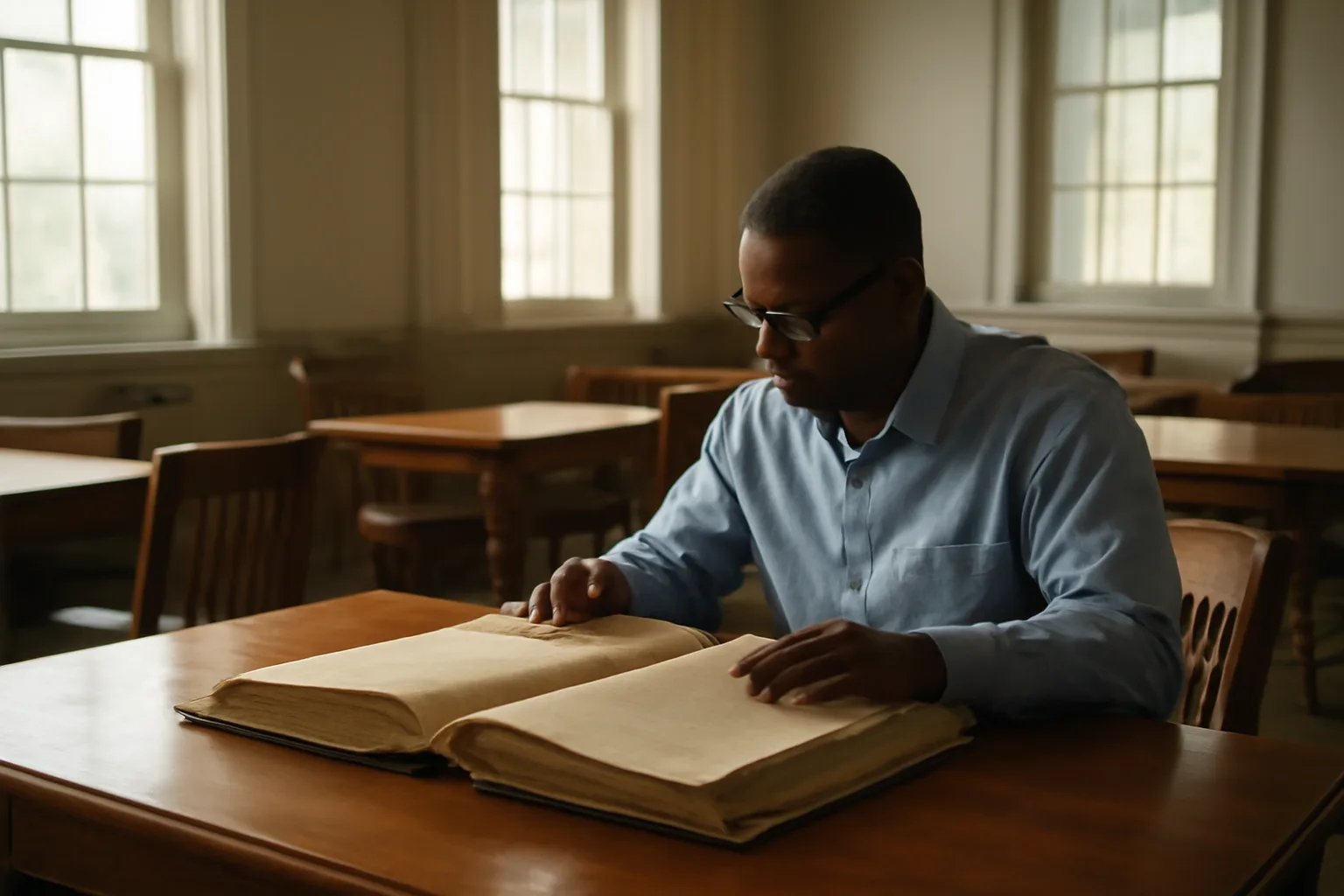 Person reviewing historical deed ledgers in an Alabama county probate court reading room