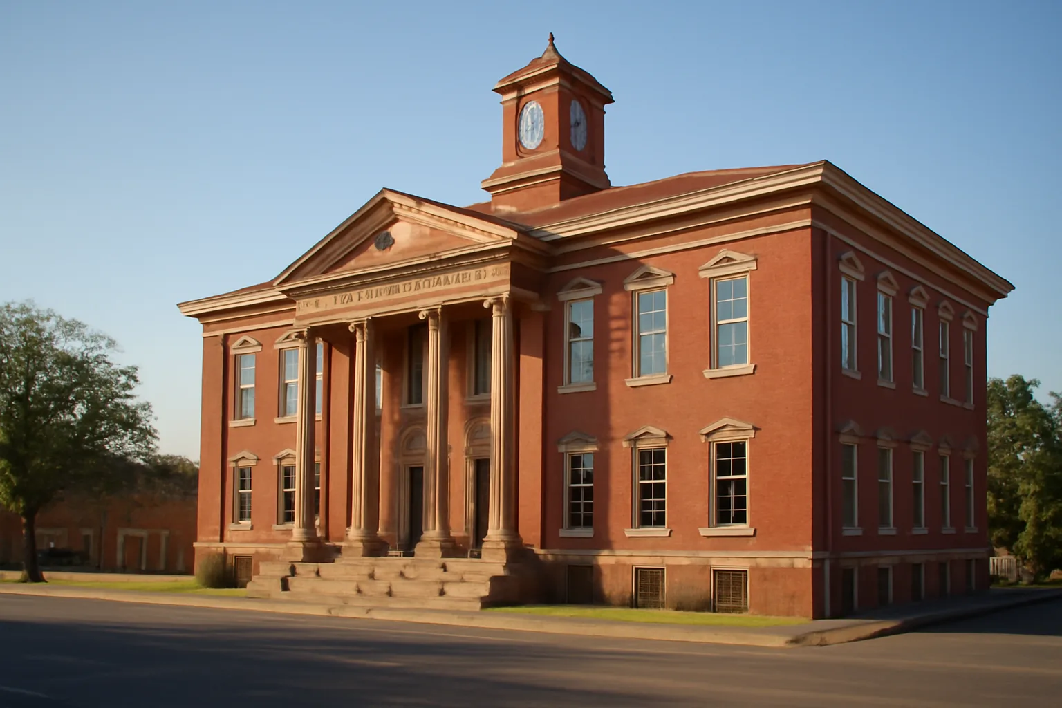 Arkansas county courthouse exterior with red brick facade under morning light, title examiner research setting