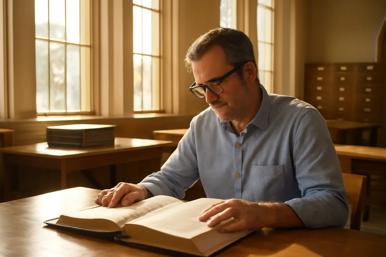 Title examiner reviewing bound county recorder index books in a California courthouse