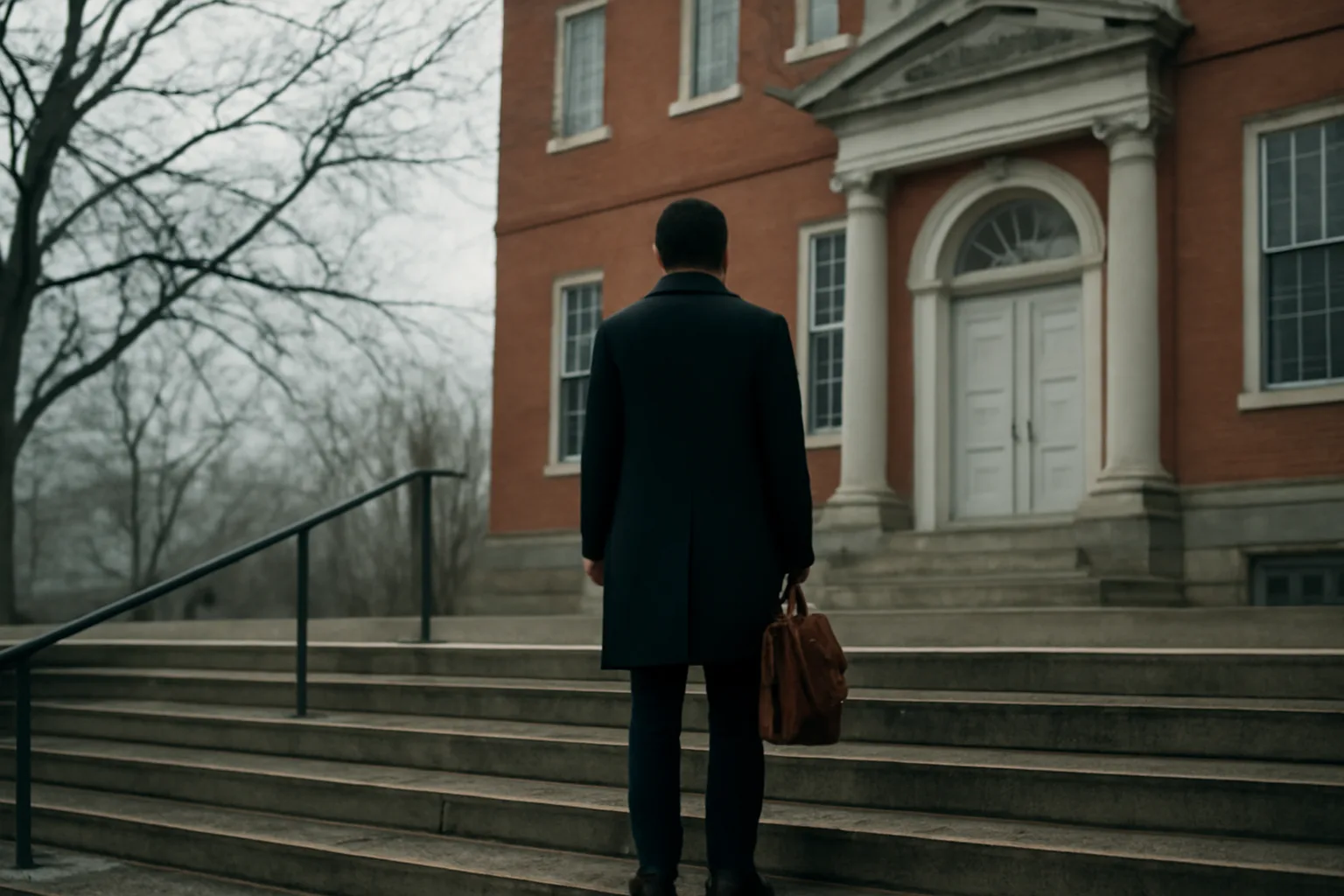 Person outside a Connecticut town hall before a title records visit