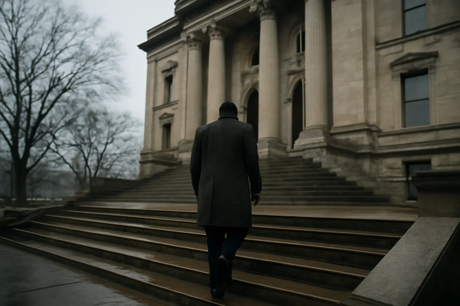 Title examiner walking up limestone Indiana courthouse steps in overcast light