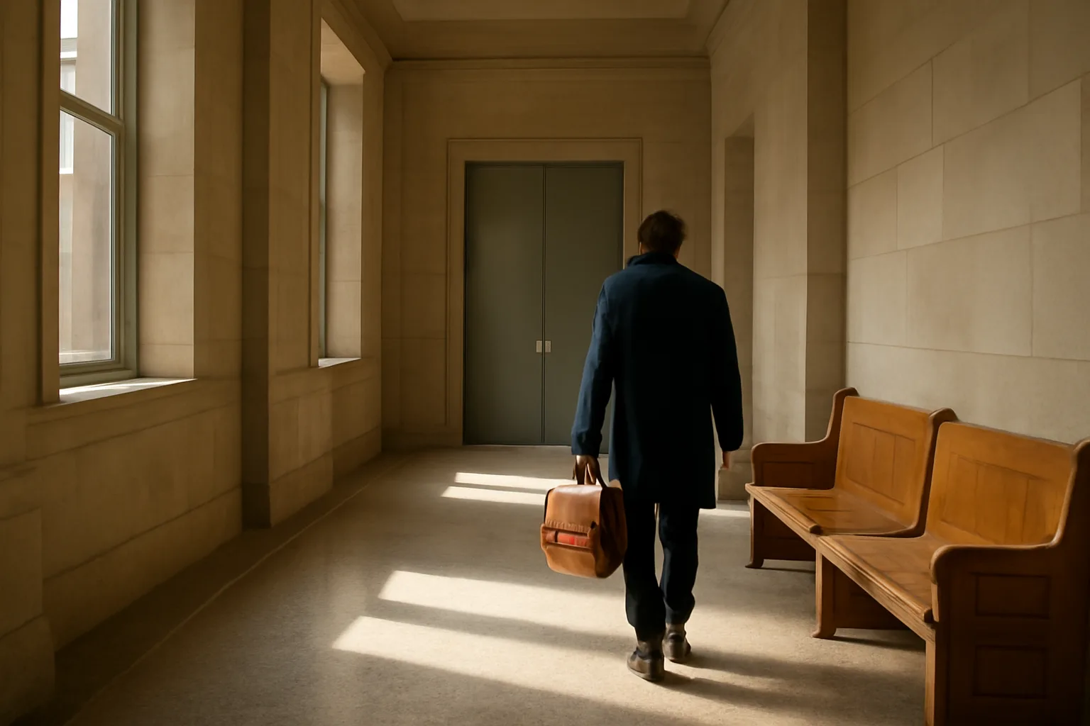 Person walking an Indiana courthouse hall to search title records