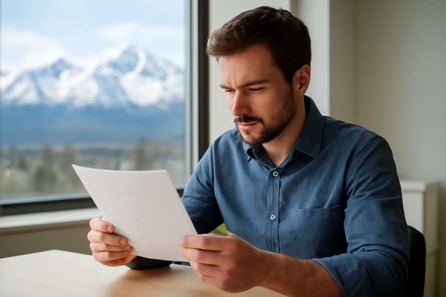 Title examiner in Alaska office reviewing a title abstract