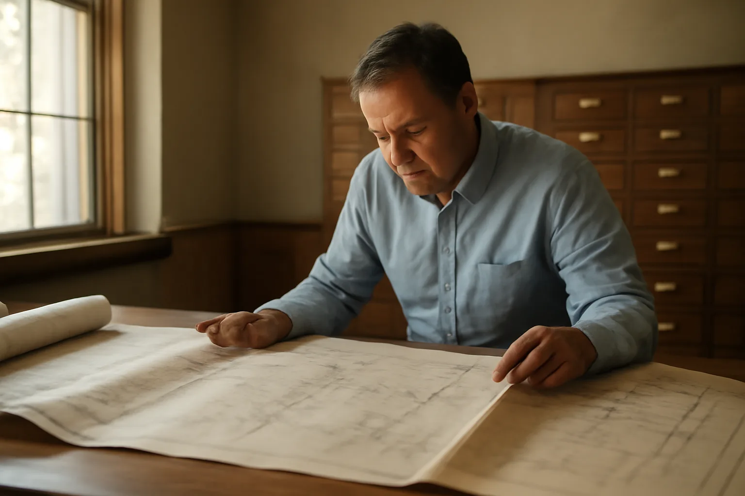 Title examiner reviewing survey maps at a county records office desk in Colorado
