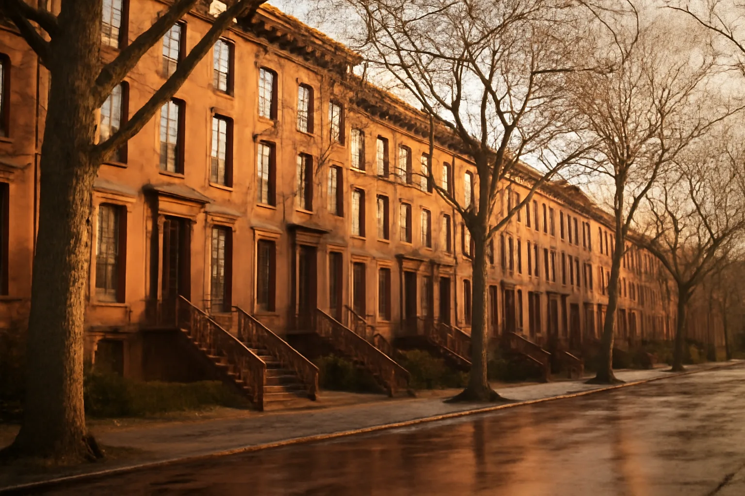 Quiet Hartford street at spring dusk near Connecticut title examiner workplaces