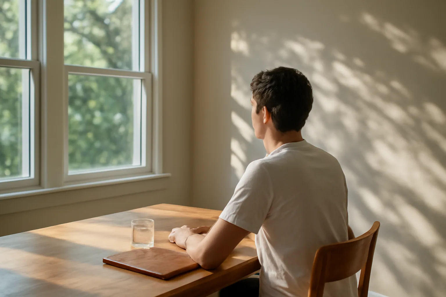 Title examiner seated at an oak table in a Jacksonville home office