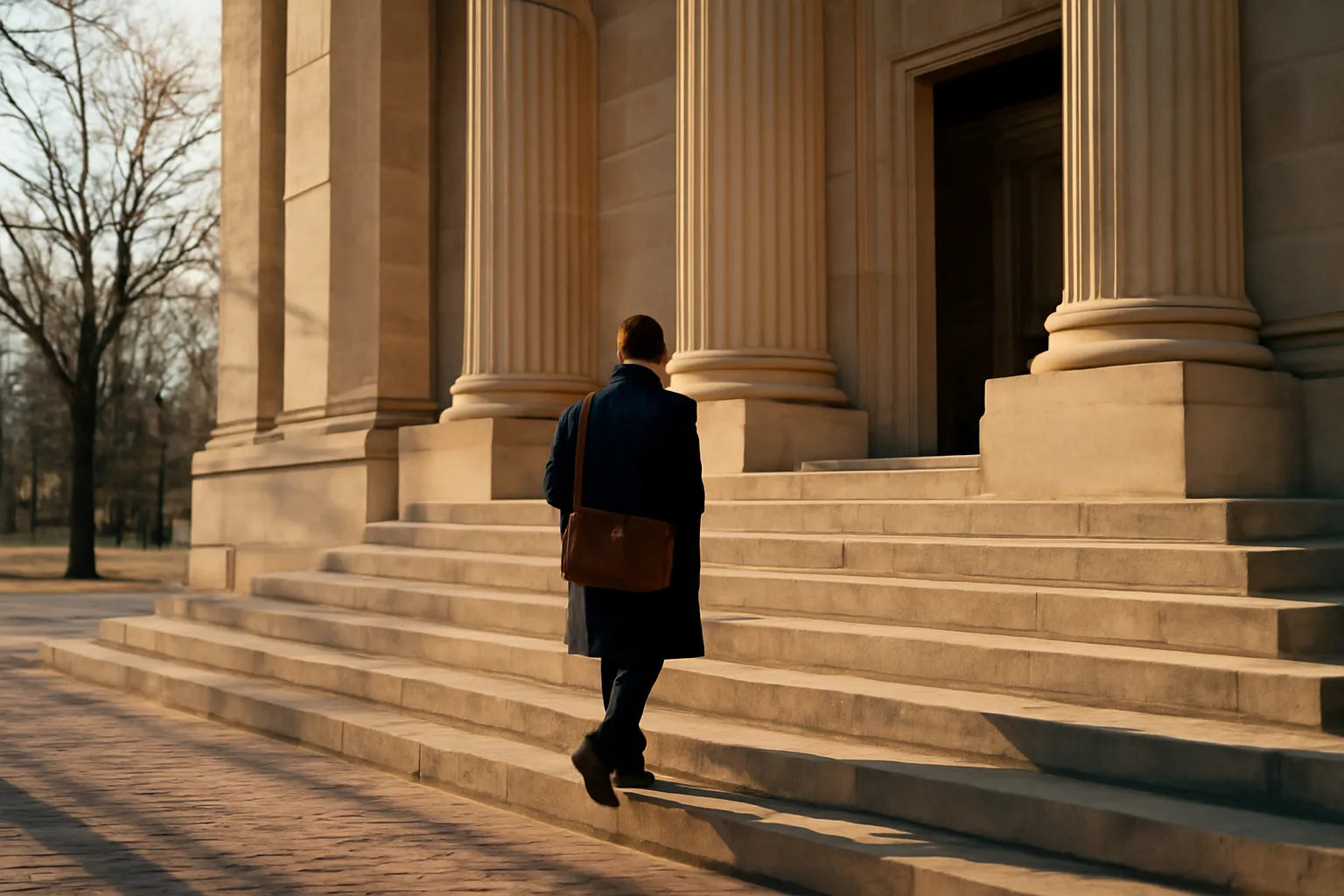 Person climbing Indiana courthouse steps to search title records