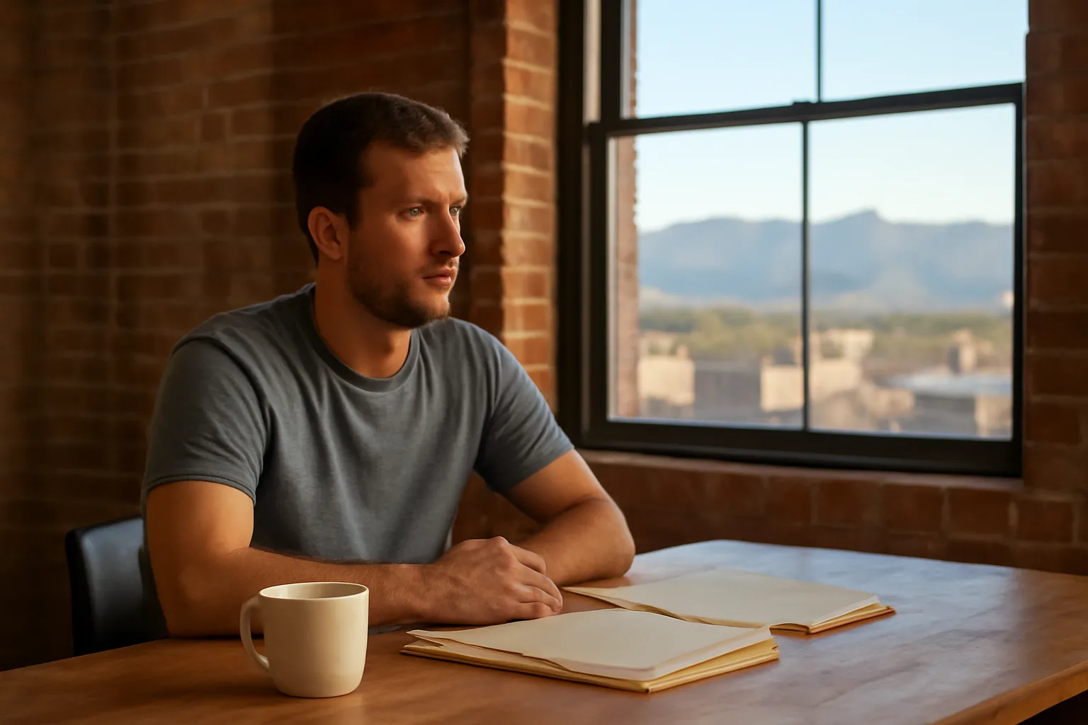 Colorado title examiner sorting unmarked folders by a Denver window